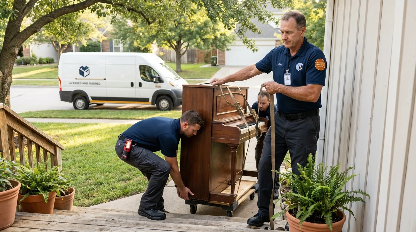 Licensed piano movers securing grand piano in Canal Fulton, OH