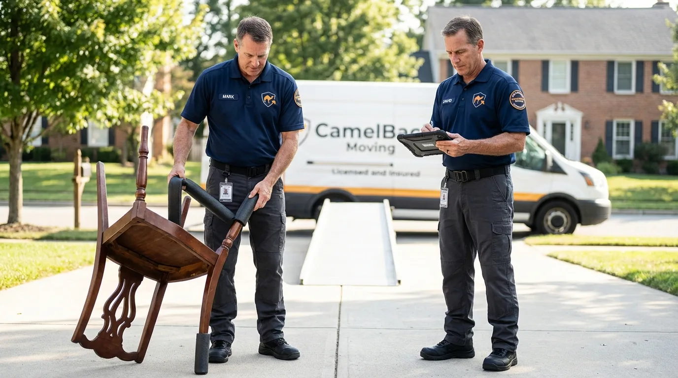 Movers inspecting furniture for damage prevention before loading in Canal Fulton, OH