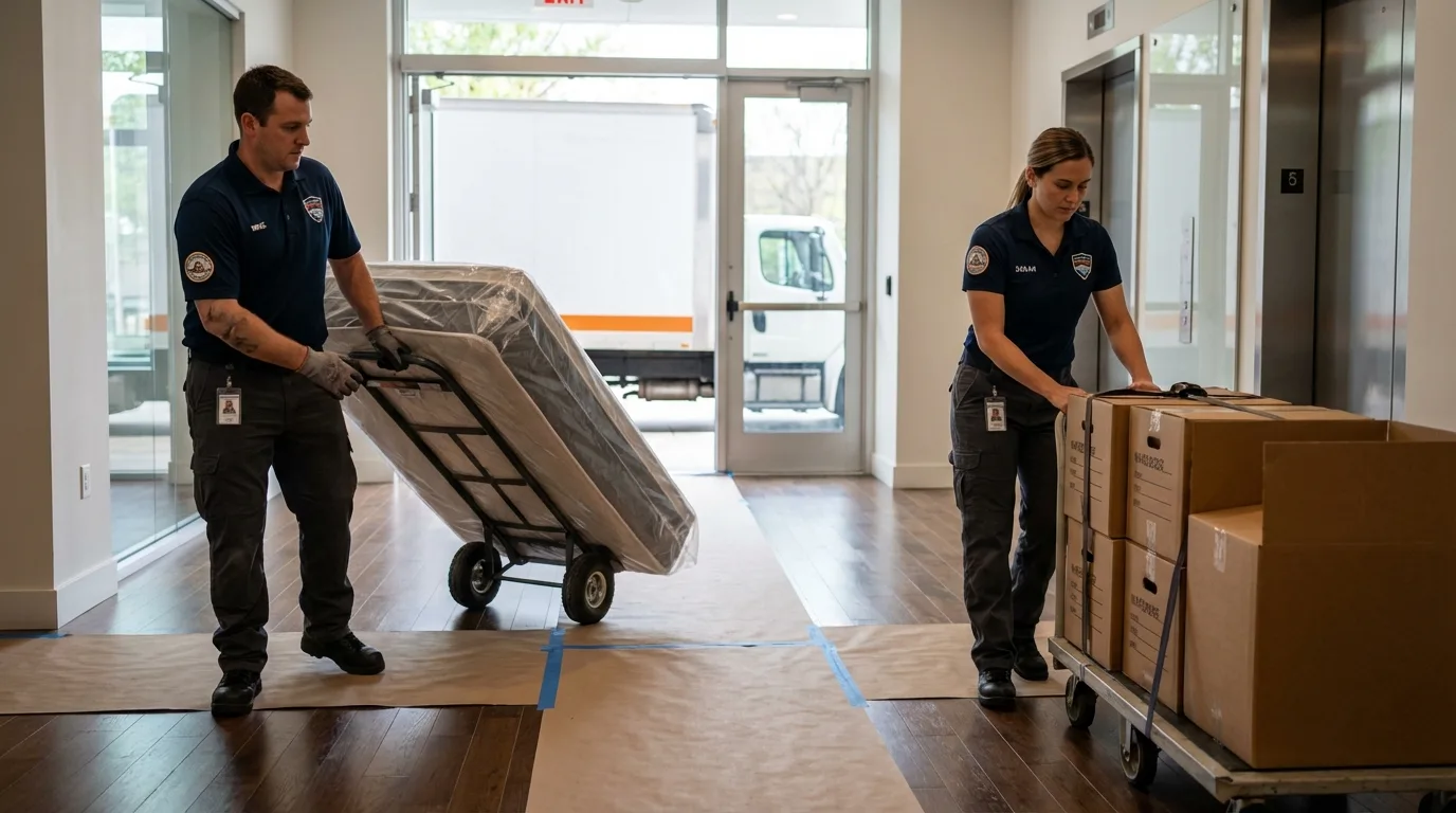 Professional apartment movers loading elevator in Canal Fulton, OH