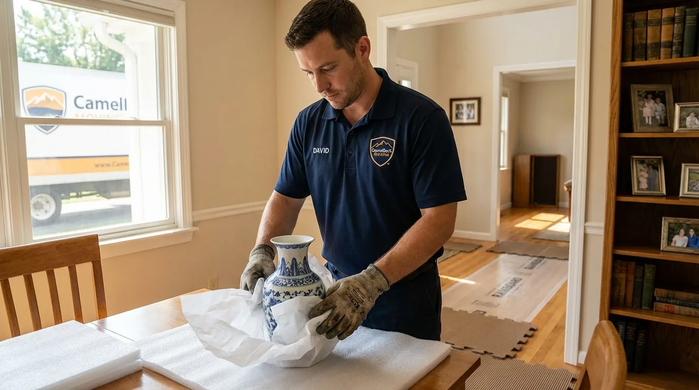 Professional crew carefully wrapping antique vase for senior downsizing move in Canal Fulton, OH